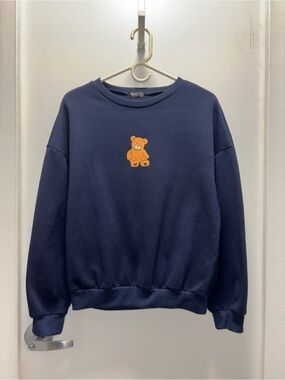 SHEIN Navy Crewneck Sweater with Orange Teddy Motif